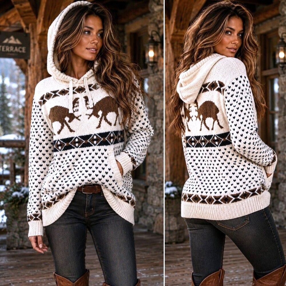 American Eagle S Buffalo Fair Isle Ski Hooded Sweater Cream Cabincore Western